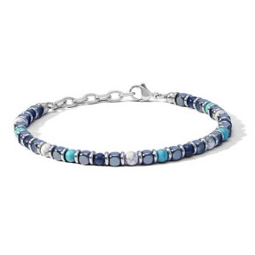 Bracciale in acciaio con agata blu, aulite bianca, turchese ed ematite