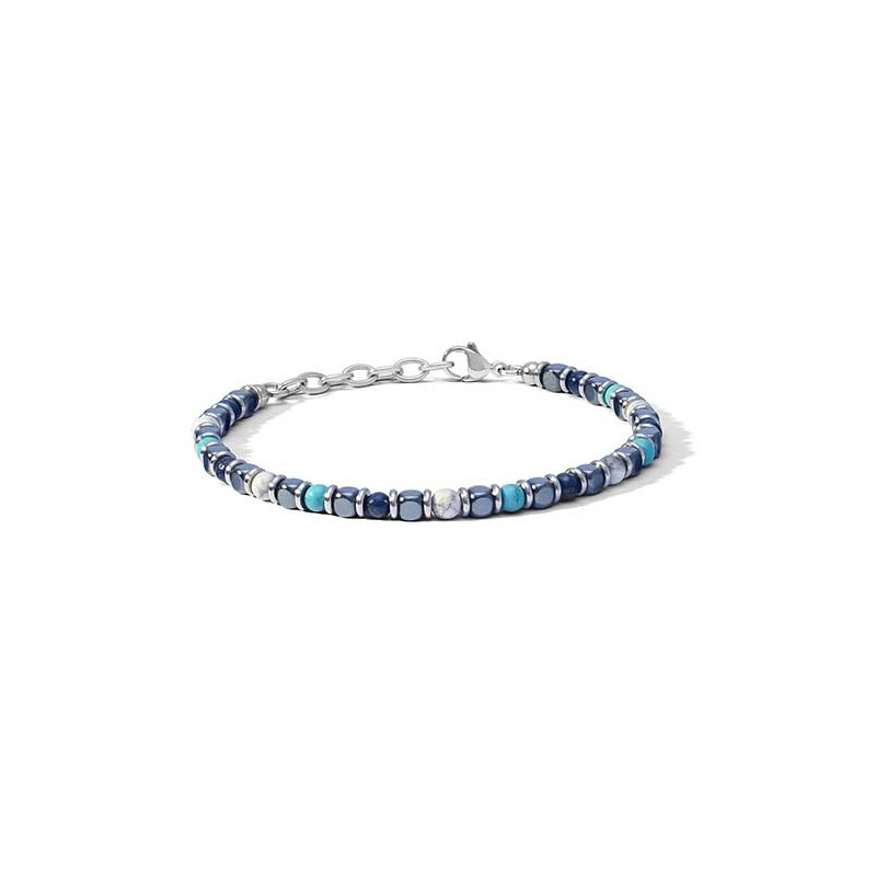 Bracciale in acciaio con agata blu, aulite bianca, turchese ed ematite